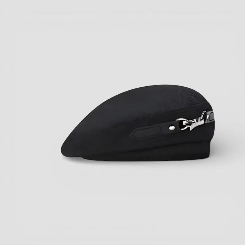 French Made Beret: black beret with sleek shape and silver clasp