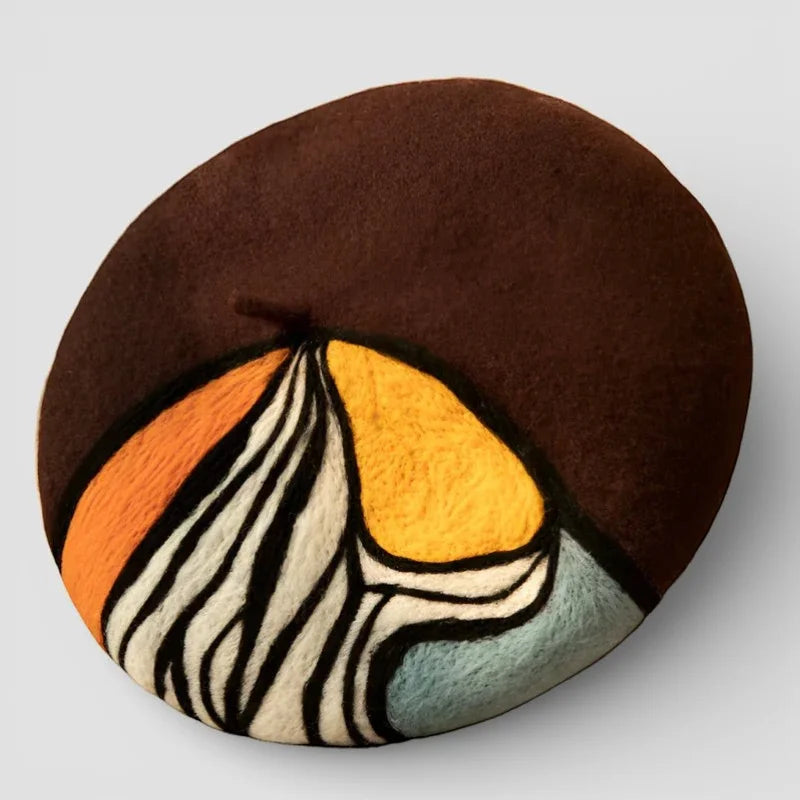 French Painter Beret in brown felt with vibrant abstract needle-felted design