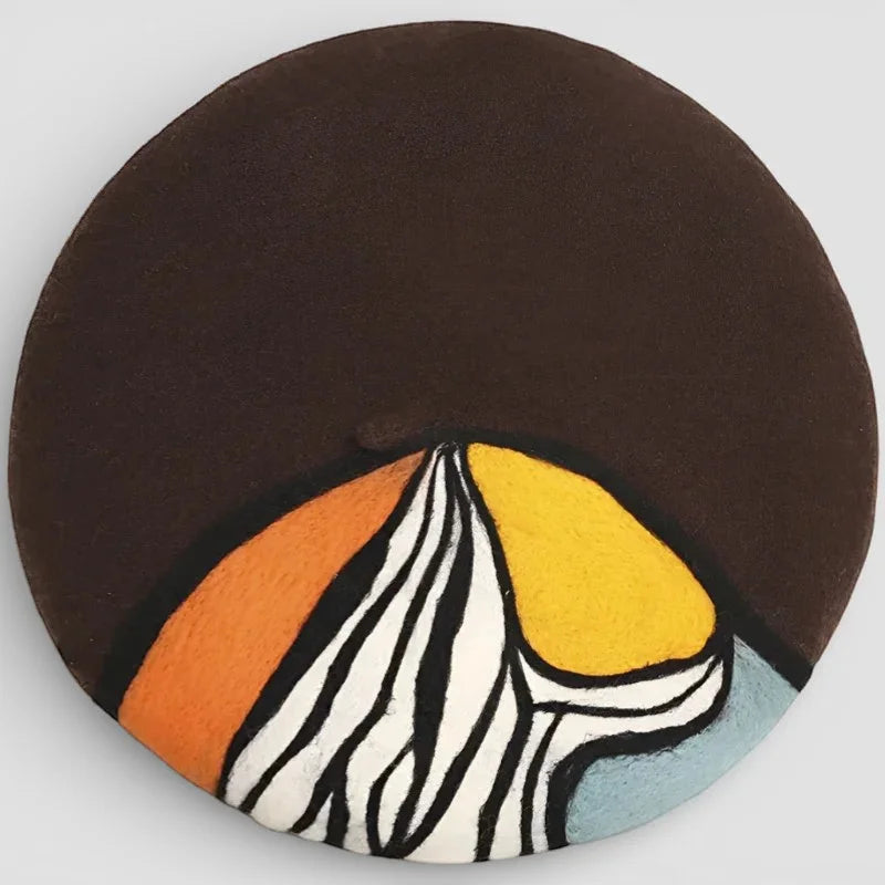 French Painter Beret circular ceramic wall art with striped mountain