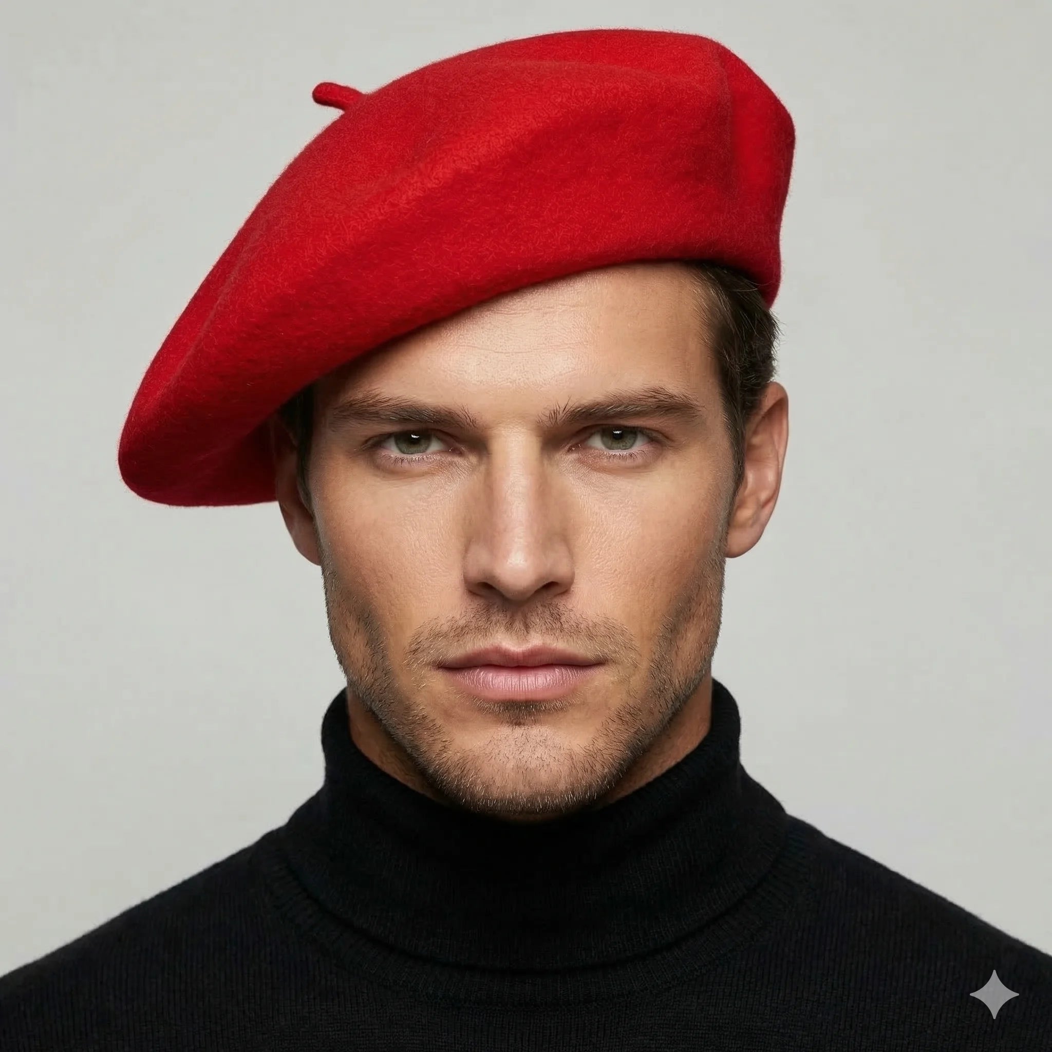 French Red Beret: vibrant red wool with textured surface and top button