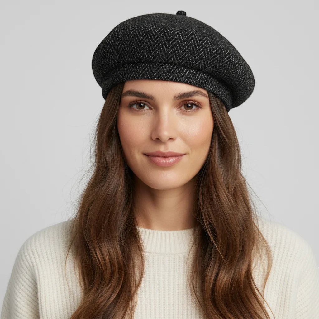Black herringbone wool French beret with top button