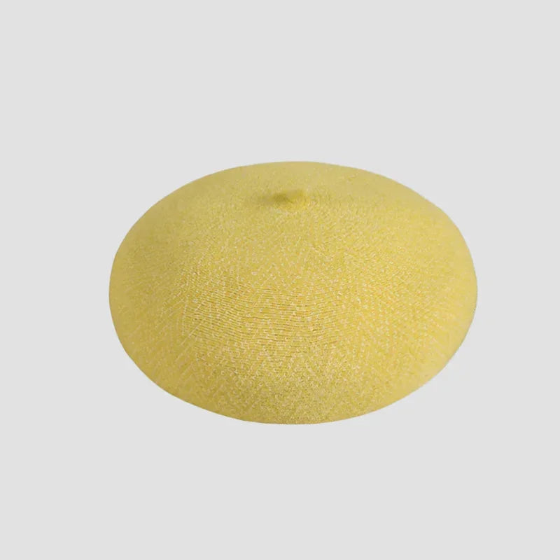 French wool beret in soft pale yellow with woven texture