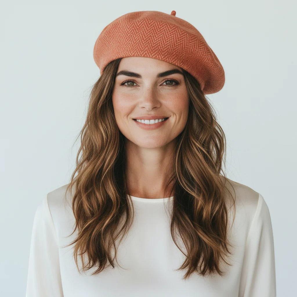 French wool beret in soft peach with herringbone pattern and top button