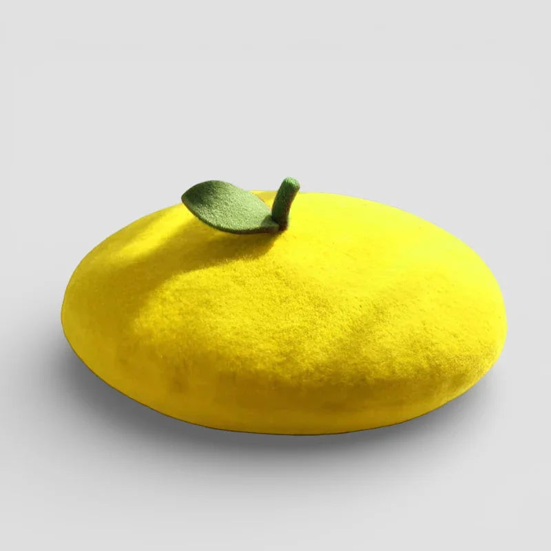 Bright yellow lemon-shaped felt beret with green leaf stem for Fruit Beret