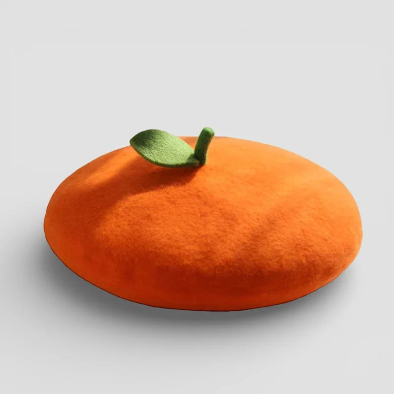 Orange felt Fruit Beret with green leaf accent
