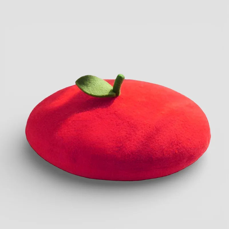 Fruit Beret plush red apple pillow with green leaf and stem