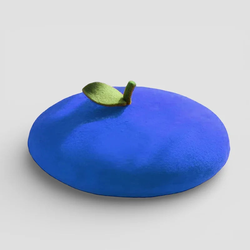 Fruit Beret plush vibrant blue beret with green felt leaf stem accent