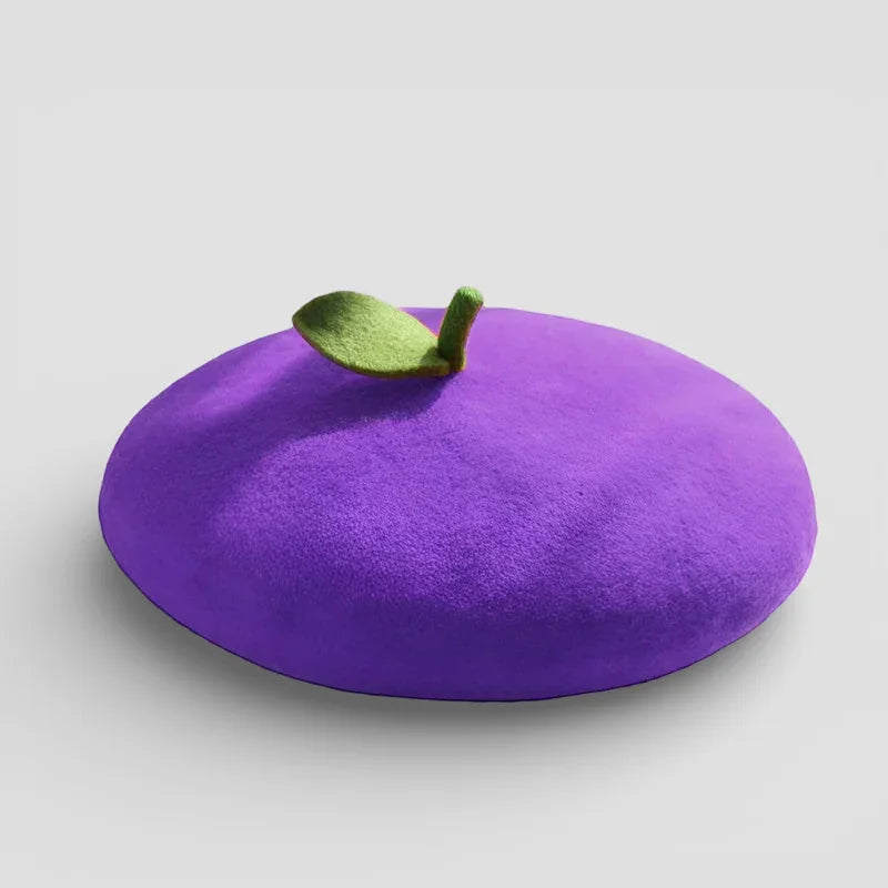 Purple Fruit Beret with green leaf accent on felt