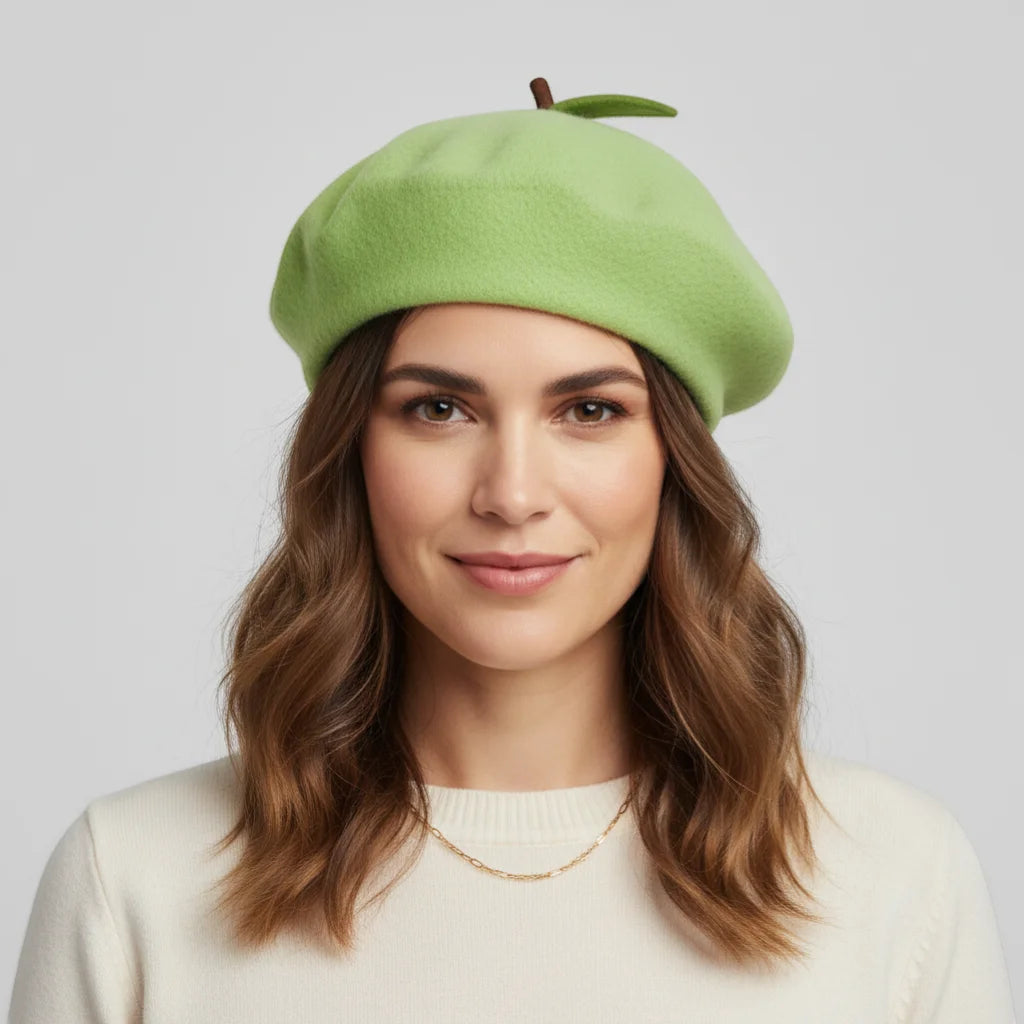 Soft light green felt Fruit Beret with leaf and stem detail