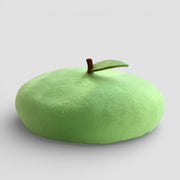 Fruit Beret: soft light green apple-shaped felt beret with stem and leaf