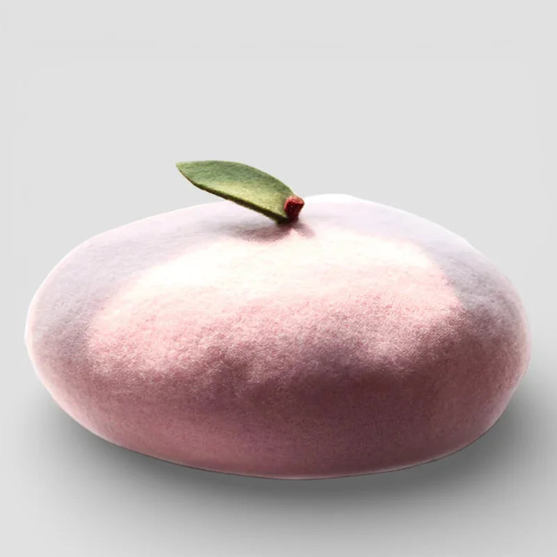 Soft pink apple-shaped felt beret with green leaf and stem, Fruit Beret