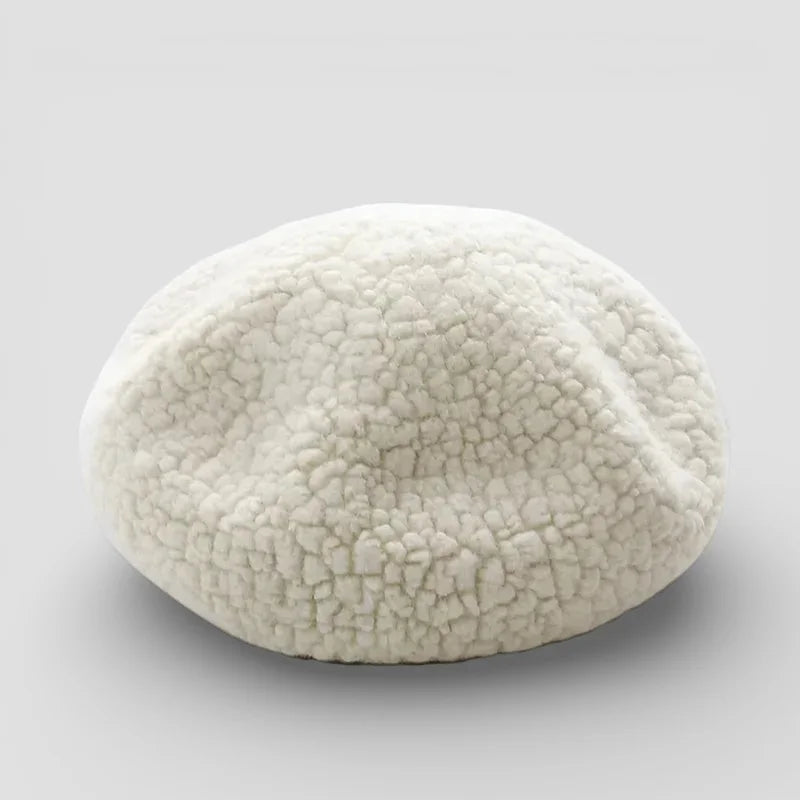 Cream-colored textured faux fur beret named Fur Beret