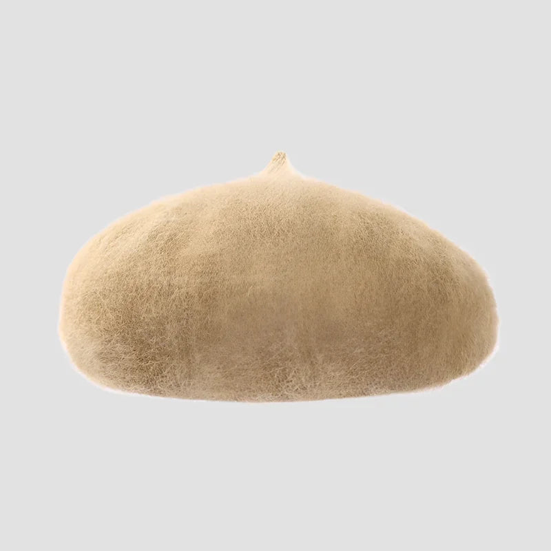 Beige fuzzy beret.