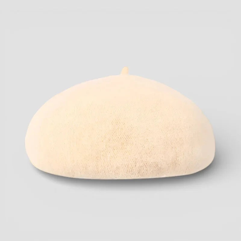 Cream-colored soft wool Fur Beret Hat with subtle crown peak