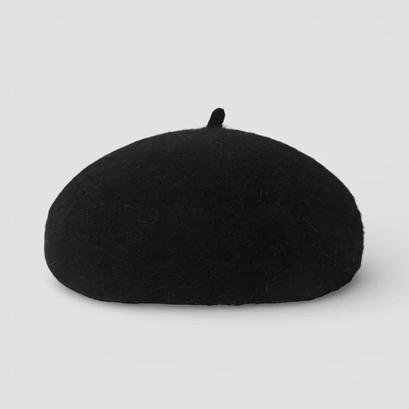 Sleek black Fur Beret Hat with soft rounded crown and pointed top