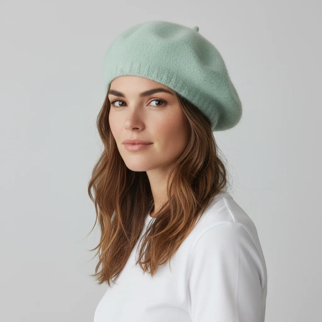 Soft mint green Fur Beret Hat with subtle knitted texture