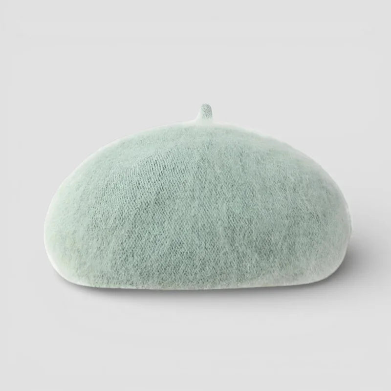 Soft mint-green Fur Beret Hat with textured knit and top button