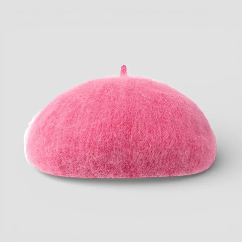 Vibrant pink Fur Beret Hat with soft felt rounded crown and top button