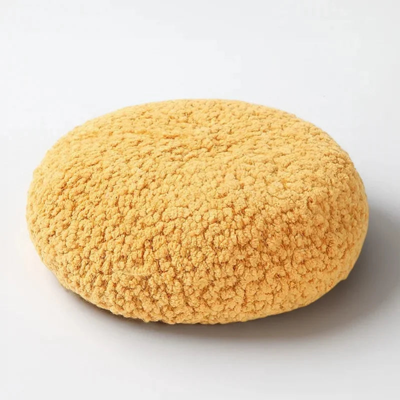 Soft mustard-yellow Fur Beret cushion with plush textured surface