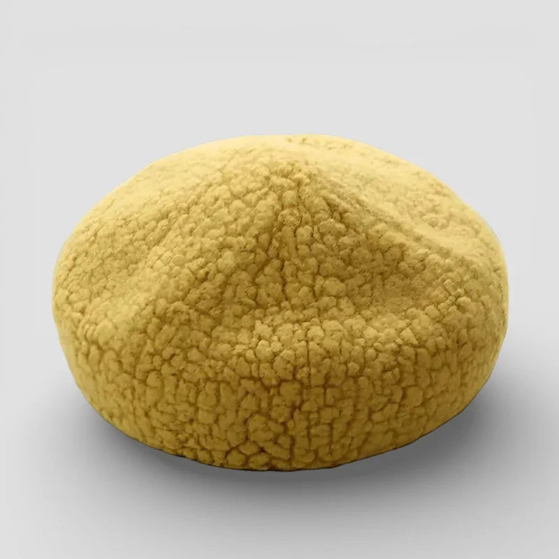 Soft mustard-yellow Fur Beret with fuzzy textured surface