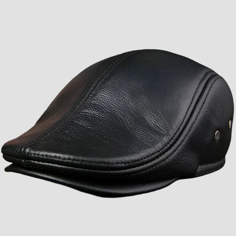 Black leather flat cap.