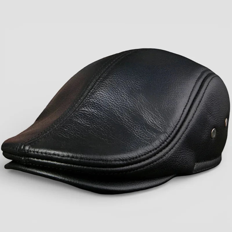 Genuine leather beret black flat cap with stitched seams and metallic buttons