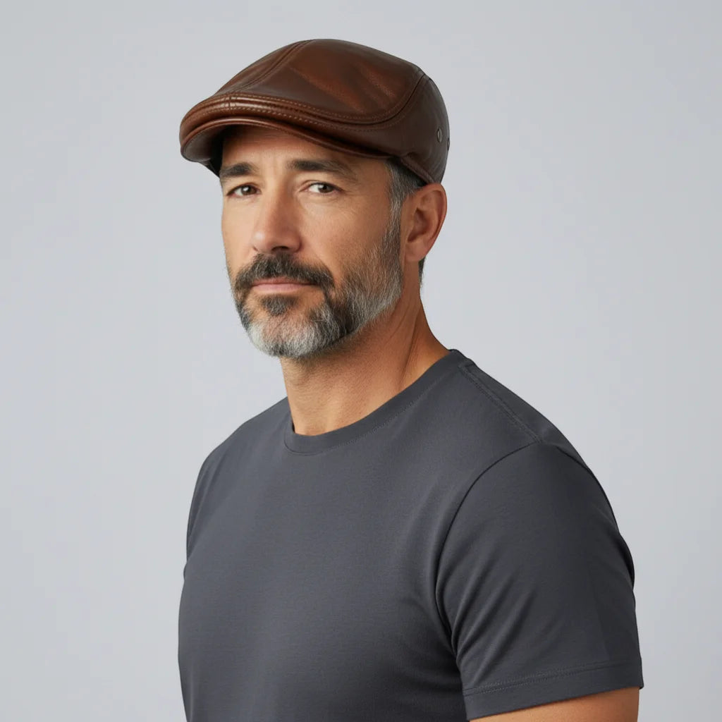 Genuine leather beret brown leather flat cap