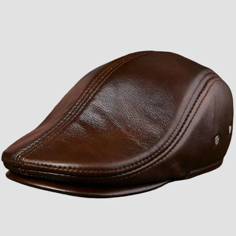 Brown leather flat cap.