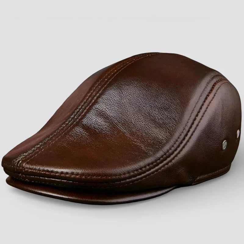 Genuine leather beret brown flat cap with stitched seams and metallic buttons