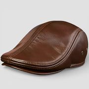 Genuine leather beret brown flat cap with stitched seams and subtle sheen
