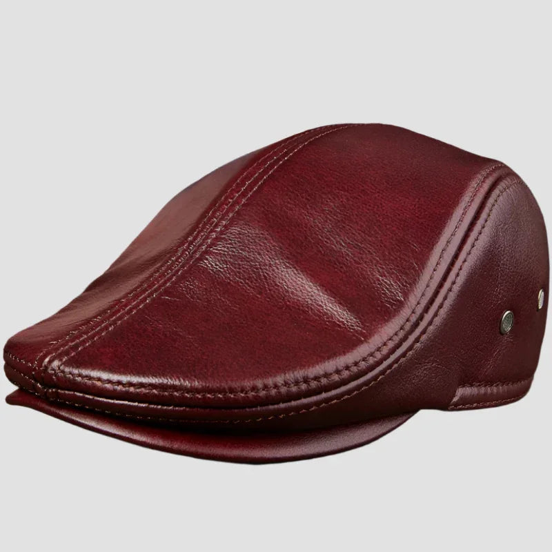 Maroon leather flat cap.