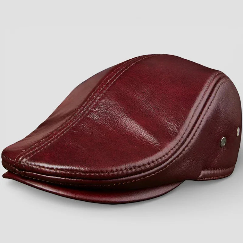 Genuine leather beret in rich burgundy with precise stitching and sheen