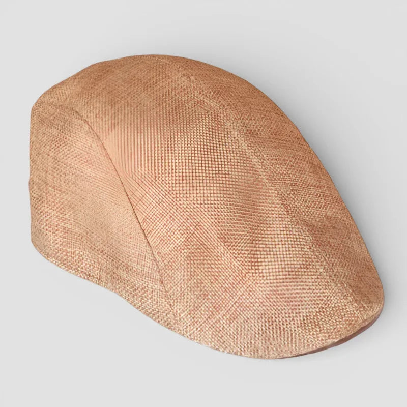 Tan woven straw flat Gold Beret Cap with textured pattern