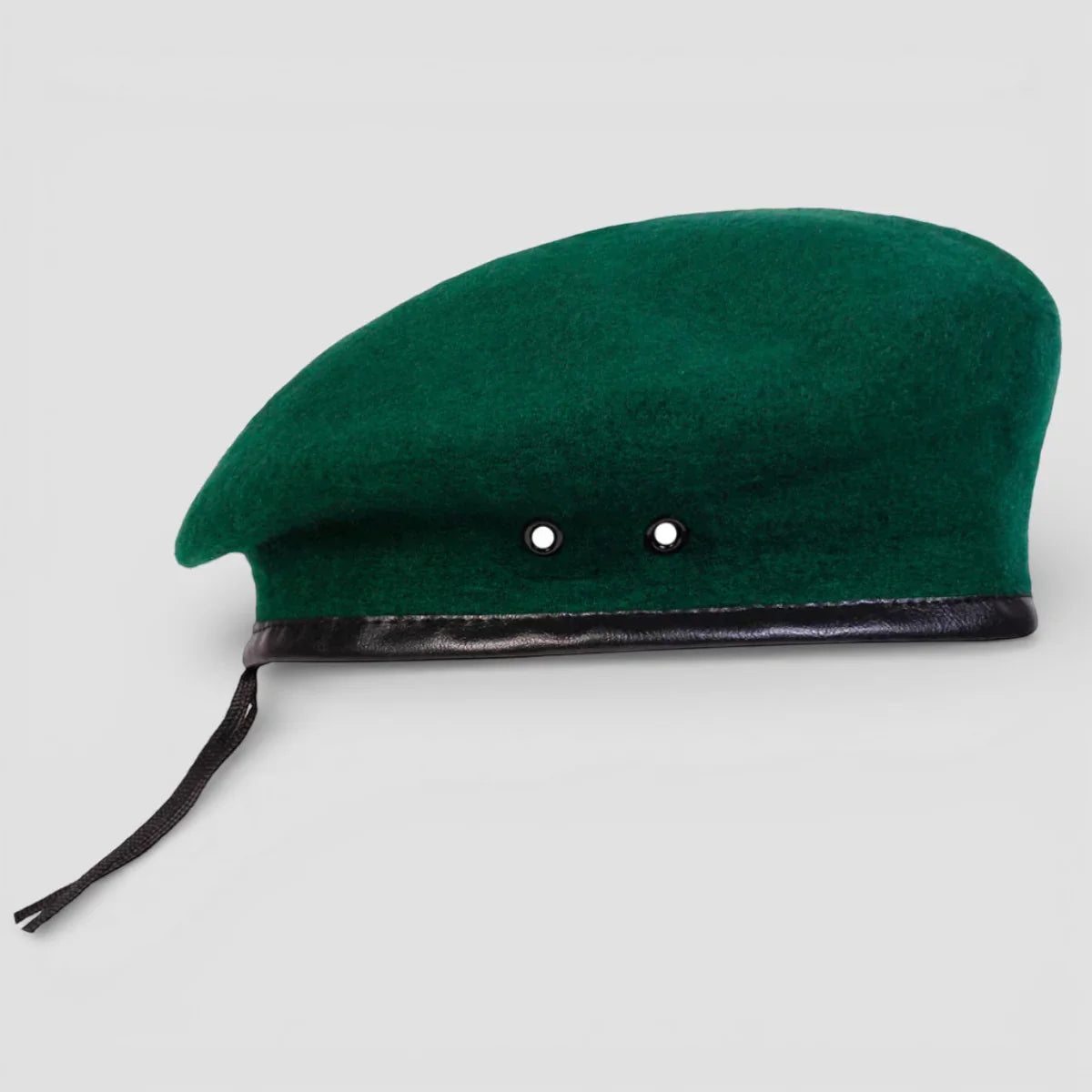 Classic Green Beret Hat Army with black leather trim and silver eyelets