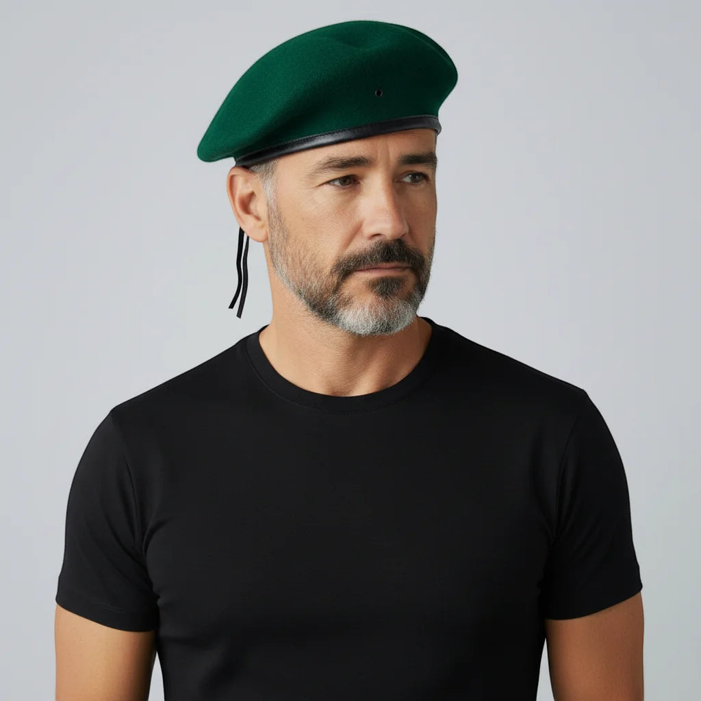 Green Beret Hat Army: deep green beret with black leather trim and adjustable chin strap