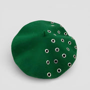 Vibrant green suede Green Boina Hat beret with silver eyelets