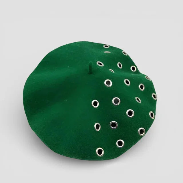 Vibrant green suede Green Boina Hat beret with silver eyelets