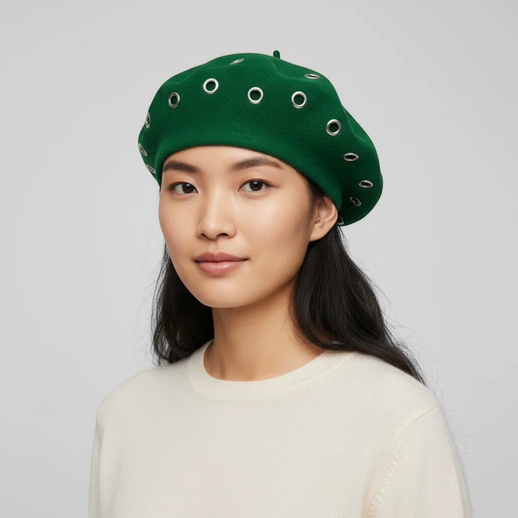 Vibrant green velvet Green Boina Hat beret with silver grommet eyelets