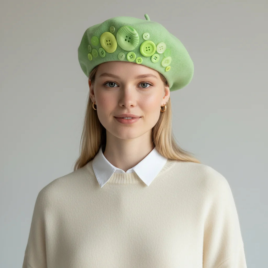 Green Button Beret with soft mint green fabric and lime buttons