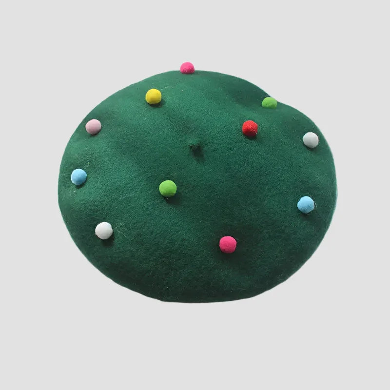 Green beret with colorful pom-poms.