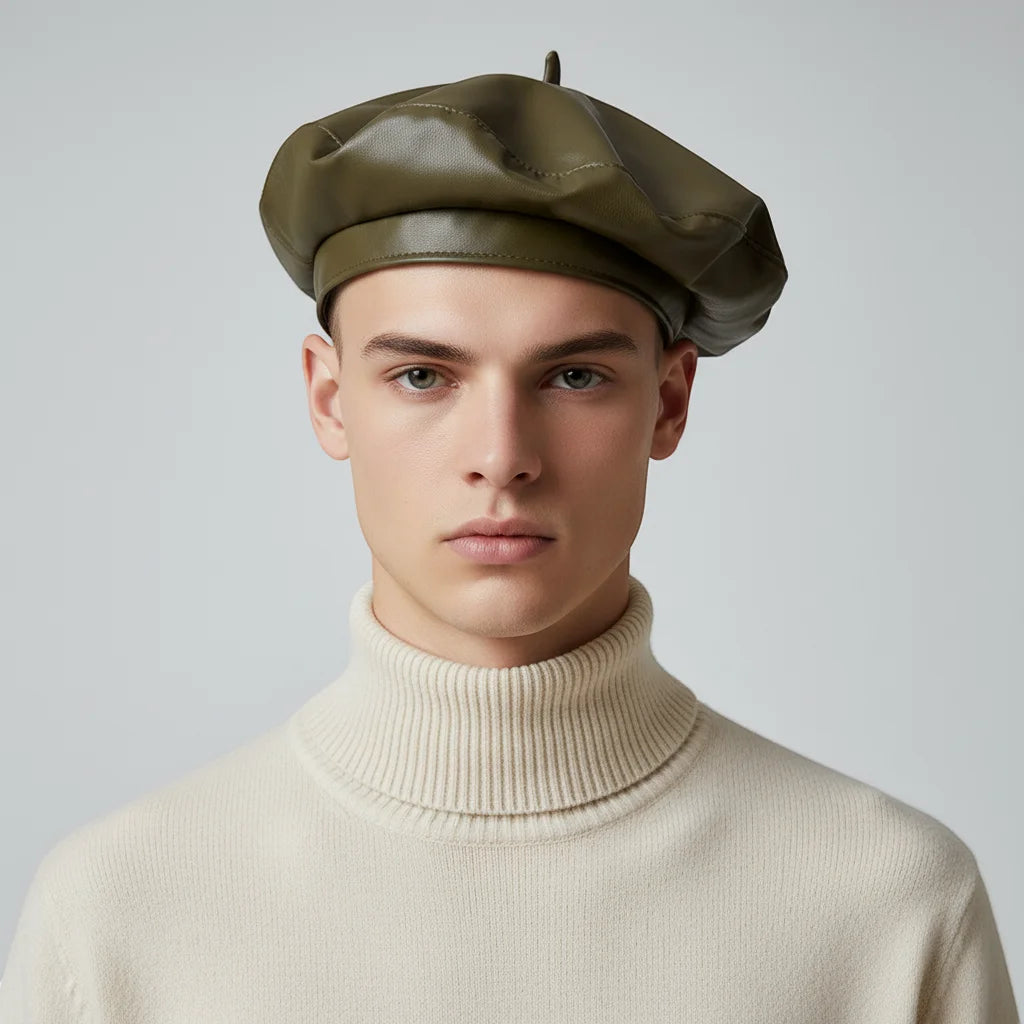 Olive green leather beret in Green Leather Beret Brim product