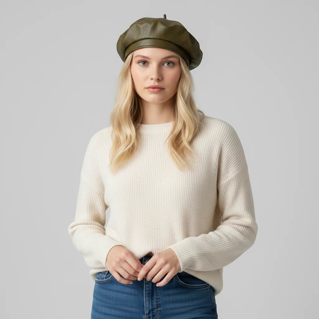 Olive green faux leather beret, Green Leather Beret Brim product view