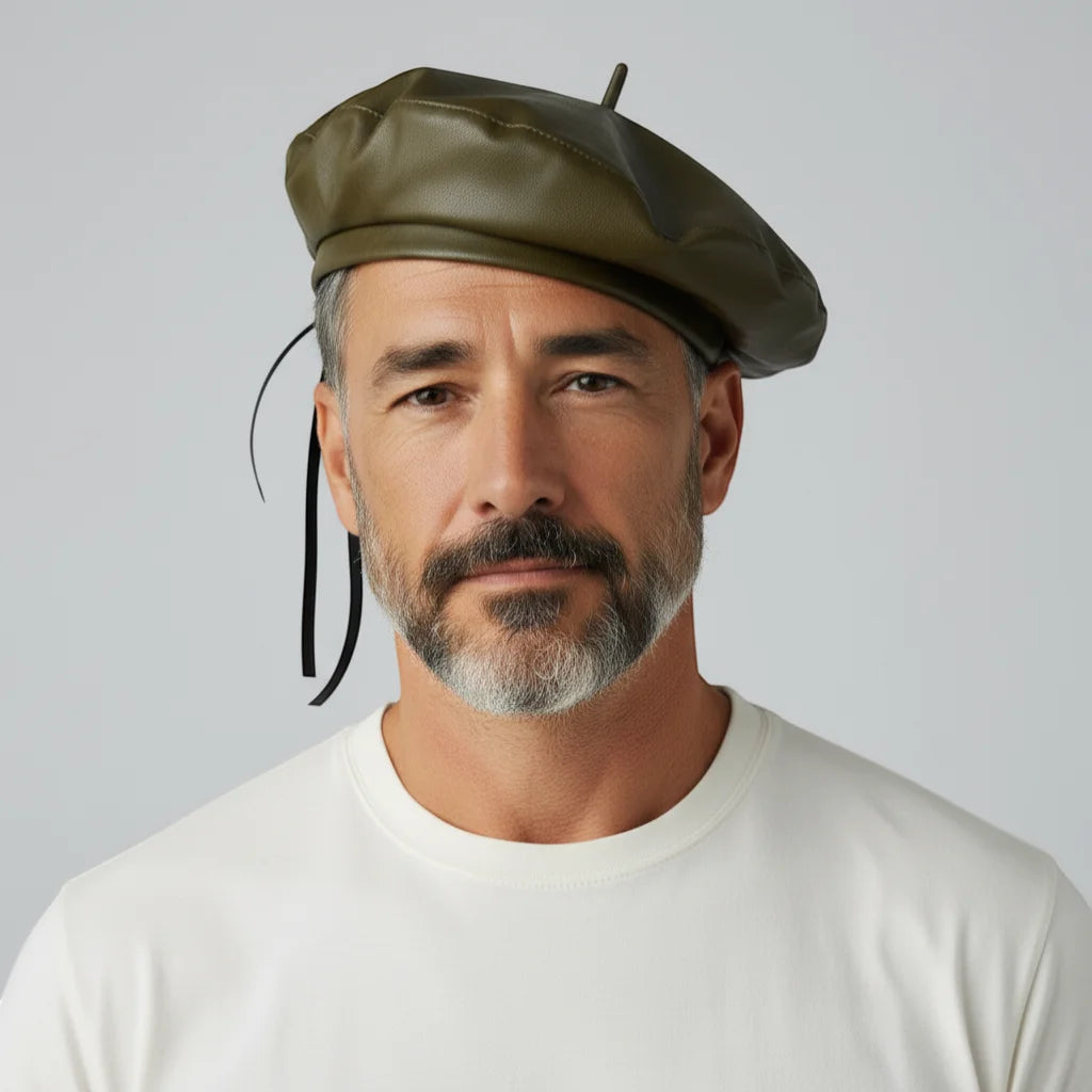 Green leather beret in olive green with black chin strap