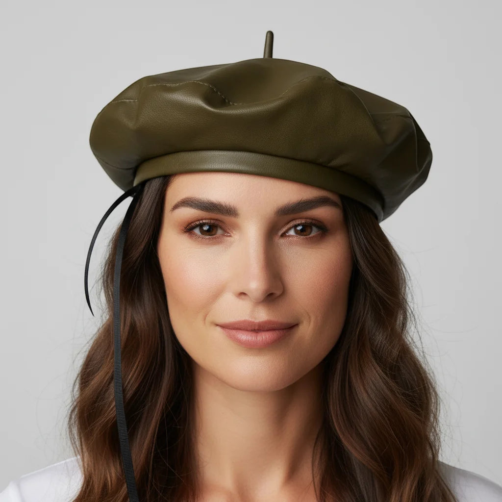 Green leather beret with olive green faux leather, central button, black strap