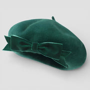 Emerald green velvet beret with matching satin bow, Green Wool Beret
