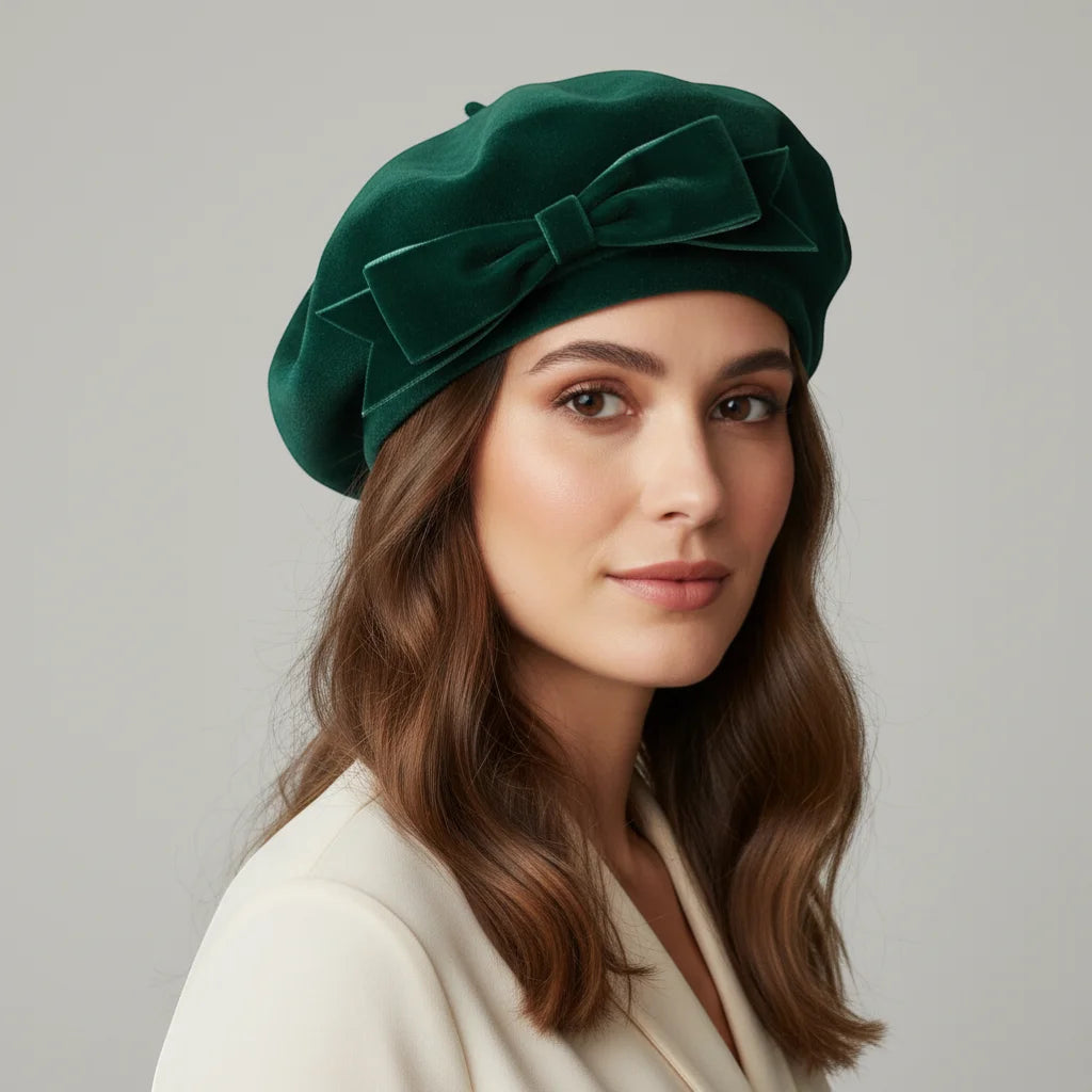 Emerald green velvet beret with matching bow on Green Wool Beret