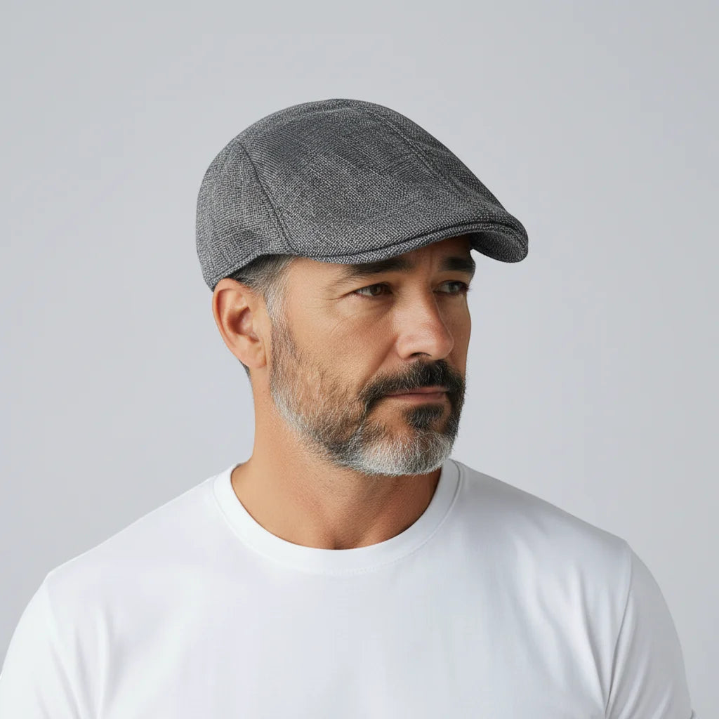 Gray tweed flat cap with structured textured fabric and classic brim