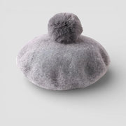 Soft light gray felt beret with fluffy pom-pom top