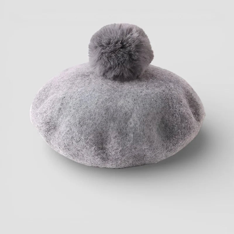 Soft light gray felt beret with fluffy pom-pom top