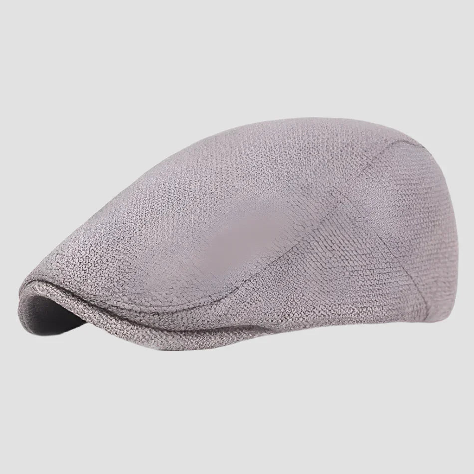 Gray flat cap.